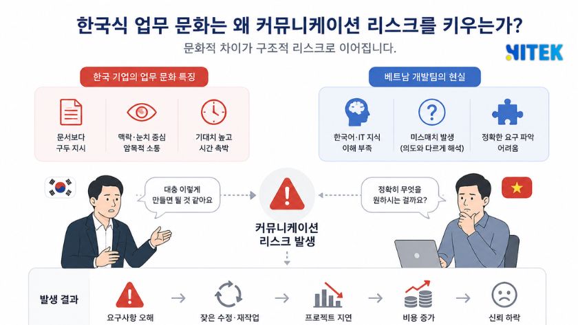 한국식 구두 지시 문화가 해외 개발팀과의 요구사항 격차로 증폭되는 과정을 표현한 다이어그램